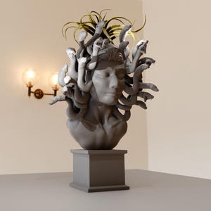 Può includere: Un busto in pietra grigia di Medusa, una figura mitologica greca con capelli di serpente, su un piedistallo quadrato. I serpenti sono scolpiti in modo realistico e sono disposti intorno alla testa in modo caotico.