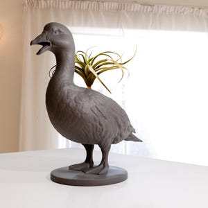 May include: A gray ceramic duck planter with a small green plant growing out of the top. The duck is standing on a round base.