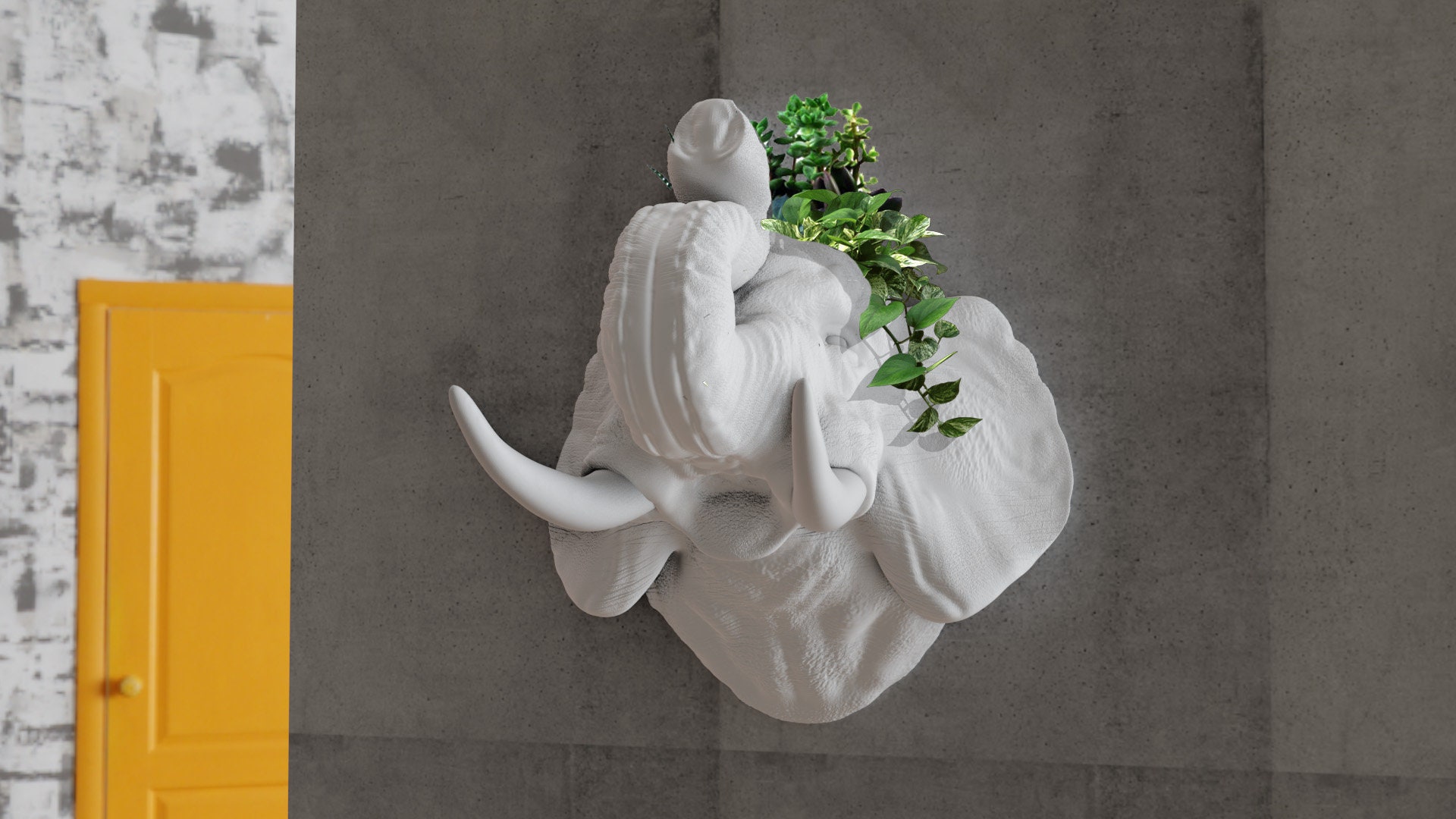 Elephant Head Wall Planter, Trunk Raised, Flower Vase, Pot, Jungle