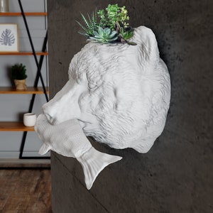 May include: White ceramic bear head planter with a fish sculpture coming out of its mouth. The bear's head is mounted on a wall and has a small succulent plant growing out of the top.