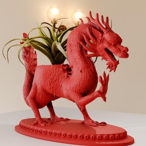 May include: A vibrant red dragon planter, featuring intricate details and a hollowed-out back for plants. The dragon stands on a decorative base, with a green plant inside. The planter is a unique decorative item.