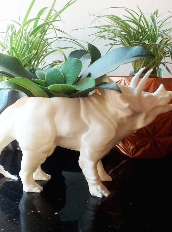 Vaso a forma di Triceratopo, casa e arredamento, giardinaggio da esterno, vasi e fioriere, vasi da interno, vaso a forma di dinosauro, dinosauro, vaso