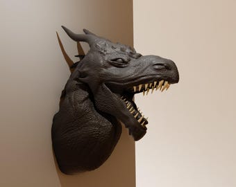 Dragon head roaring wall mount, decor, reptile head, sea serpent, head taxidermy, decor, wall art, 3d jungle animal heads, mythical, cryptid