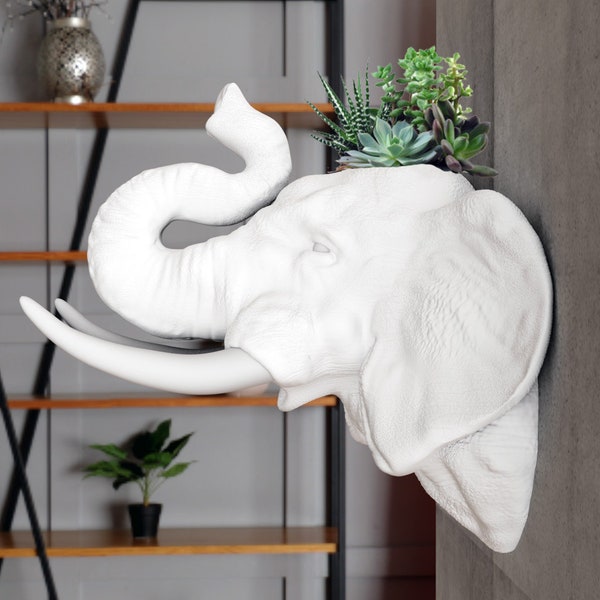 Elephant head wall planter, trunk raised,flower vase, pot, jungle animal Head decor, home & living,safari,  succulent,cactus,, 3d printed