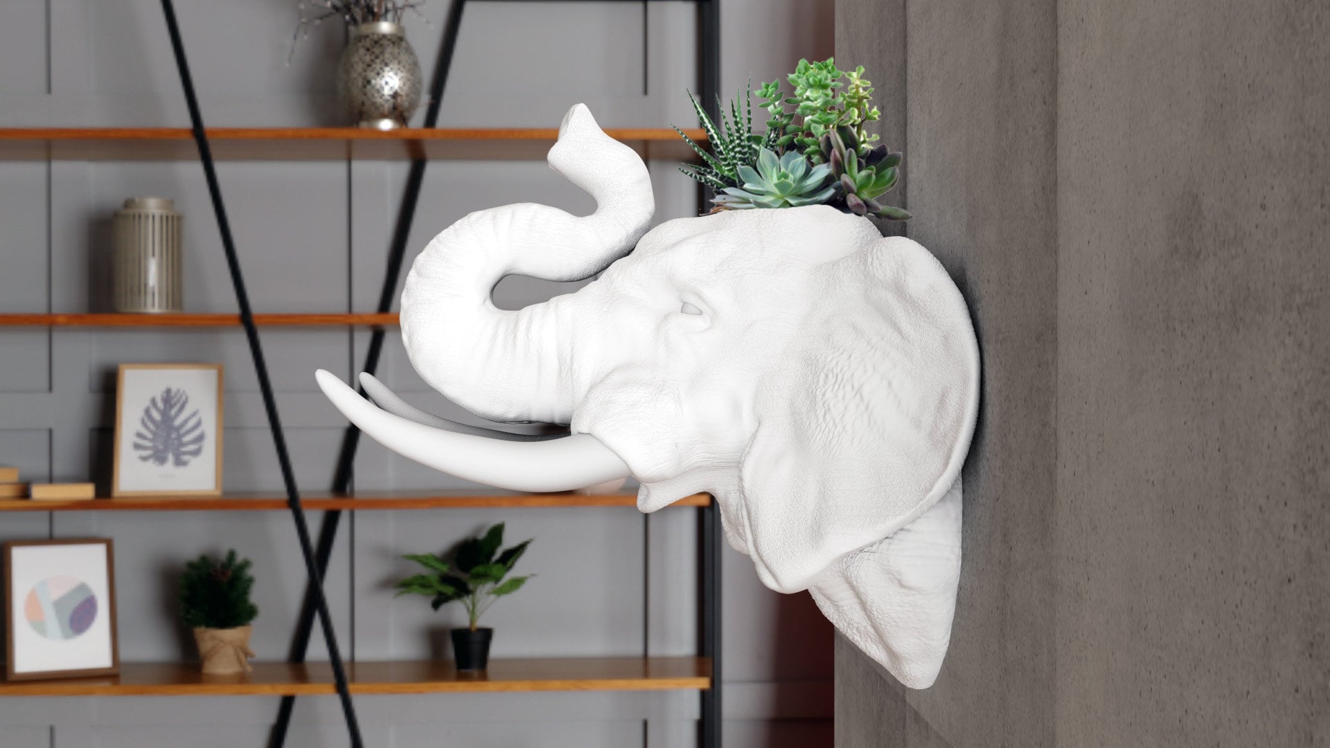 Elephant Head Wall Planter, Trunk Raised, Flower Vase, Pot, Jungle