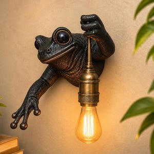 Puede incluir: Un aplique de pared con una figura de rana oscura y texturizada con grandes ojos negros. La rana sostiene una lámpara de metal color latón antiguo con una bombilla de estilo Edison encendida que cuelga hacia abajo desde su mano levantada.