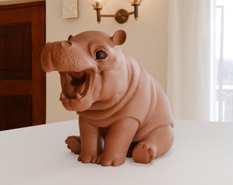 Hippo calf handmade , Hippopotamus sculpture mouth open, sitting, home and living, indoor, home decor, 3d printed