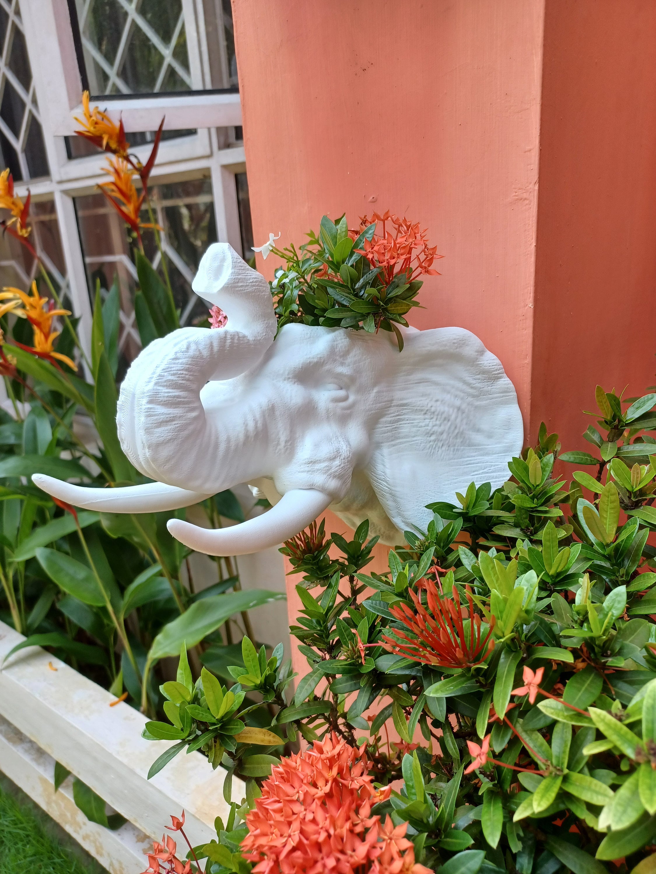 Elephant Head Wall Planter, Trunk Raised, Flower Vase, Pot, Jungle