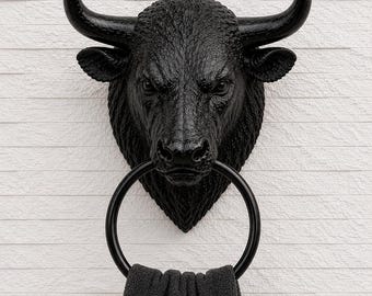 Black Bull Head Towel Holder, Sculpted Wall Hook, Faux Taxidermy Animal Decor, Bath Entryway Organizer, Statement Accent, Housewarming Gift