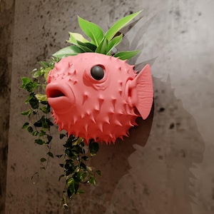 Puede incluir: Una maceta con forma de pez globo de color coral con una superficie texturizada, un ojo negro y la boca abierta. Las plantas verdes brotan de la parte superior y caen en cascada por los lados. La maceta está montada en una pared gris texturizada.