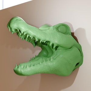 May include: A green alligator head sculpture with an open mouth, showing sharp teeth. The sculpture is mounted on a white wall.