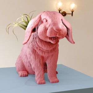 May include: A pink ceramic rabbit planter with a small plant growing out of its head. The planter is sitting on a light blue surface.