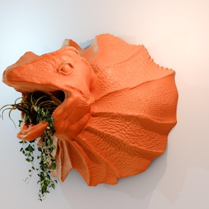 Puede incluir: Maceta de cabeza de dinosaurio naranja con plantas verdes que crecen de su boca.