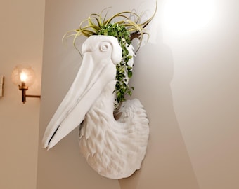 pelican head mouth open planter pot flower vase, bird head, wall art, decor, wall mount, poultry, head taxidermy, 3d jungle animal heads