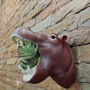 Hippo head wall mount planter pot, flower vase, decor, Taxidermy, Hippopotamus mouth open, home and living, outdoor and gardening, decor