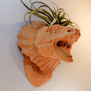 May include: A terracotta-colored dinosaur head planter with an open mouth and a green air plant growing out of the top.
