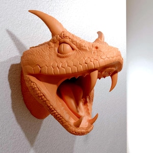 Op de afbeelding: Oranjegekleurde, aan de muur gemonteerde sculptuur van een drakenkop met een open mond, die scherpe tanden en een gedetailleerd interieur onthult. De sculptuur heeft een getextureerd oppervlak en is op een witte muur gemonteerd.