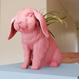 May include: A pink ceramic rabbit planter with a green plant growing out of the top. The rabbit is sitting on a light blue surface.