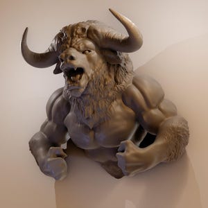 May include: A detailed sculpture of a muscular bull with a fierce expression, its horns are raised and its mouth is open in a roar. The sculpture is made of a light brown material and appears to be made of clay or plaster.
