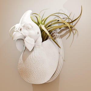 May include: White ceramic planter shaped like a rooster's head with a green air plant growing out of the top.