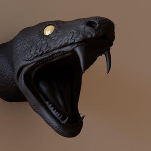 Op de afbeelding: Een zwarte slangenkoppensculptuur met een open mond en een gouden oog. De sculptuur is gemaakt van een getextureerd materiaal en heeft een realistische uitstraling.