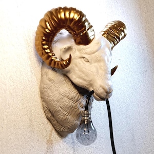 May include: A white ram head wall lamp with gold-colored horns. The lamp features a clear lightbulb and a black cord. The ram head is mounted on a textured white wall, creating a unique decorative lighting fixture.