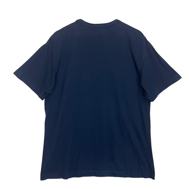 May include: A navy blue short-sleeved t-shirt.