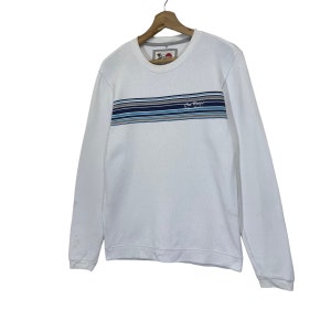 Pu&ograve; includere: Felpa bianca a maniche lunghe con una fascia blu e bianca sul petto. Il testo "Quiksilver" &egrave; stampato sulla fascia.