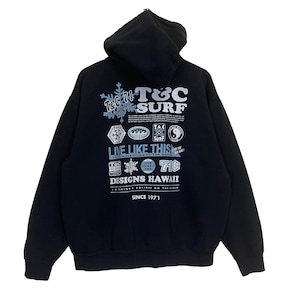 May include: Black hooded sweatshirt with a blue and white graphic print on the back. The graphic features the text "T&C Surf", "Live Like This", "Designs Hawaii", and "Since 1971".