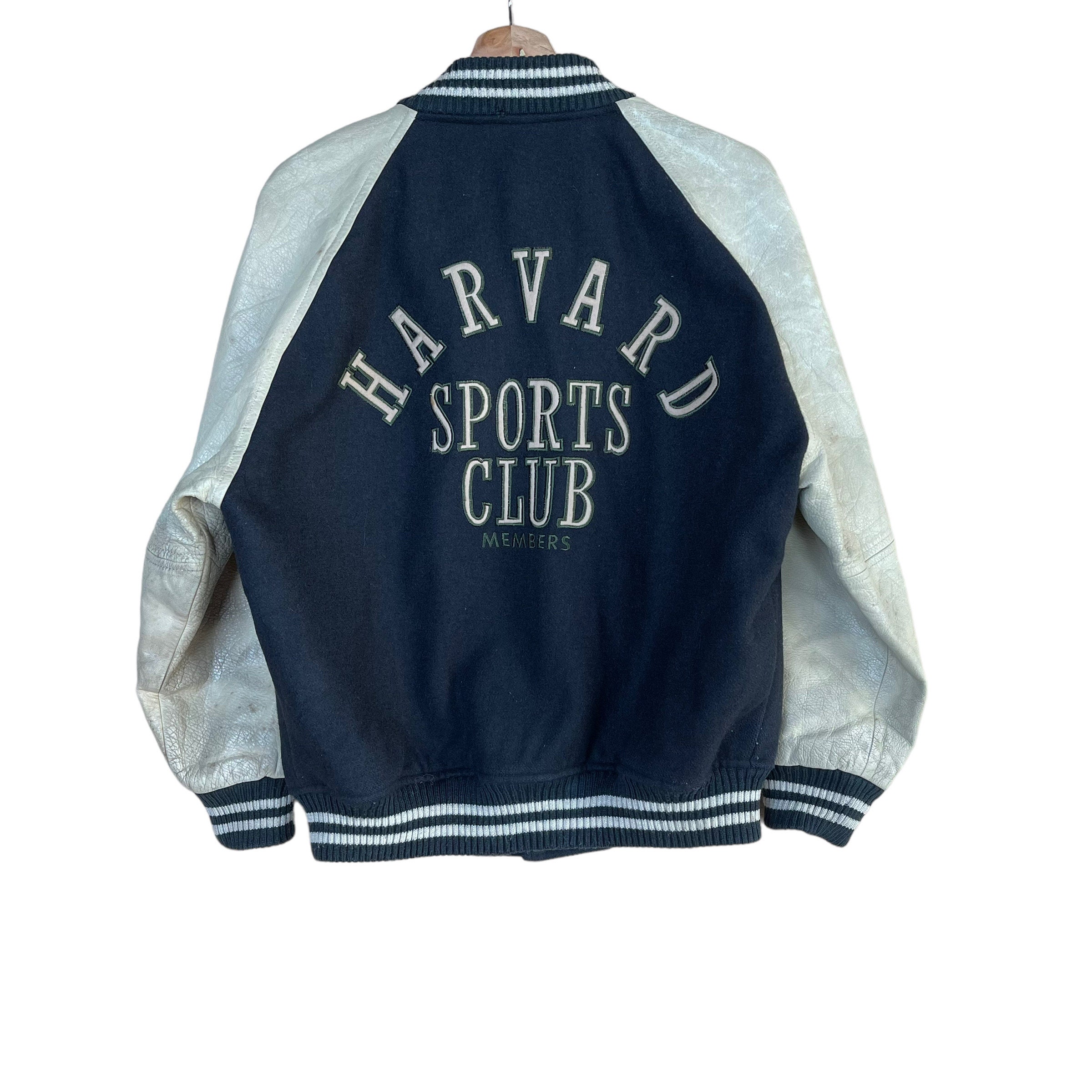 Pick!! Vintage 90s Harvard Sports Club Wool Sleeve Leather Pick!! Vintage 90s Harvard Sports Club Wool Sleeve Leather
