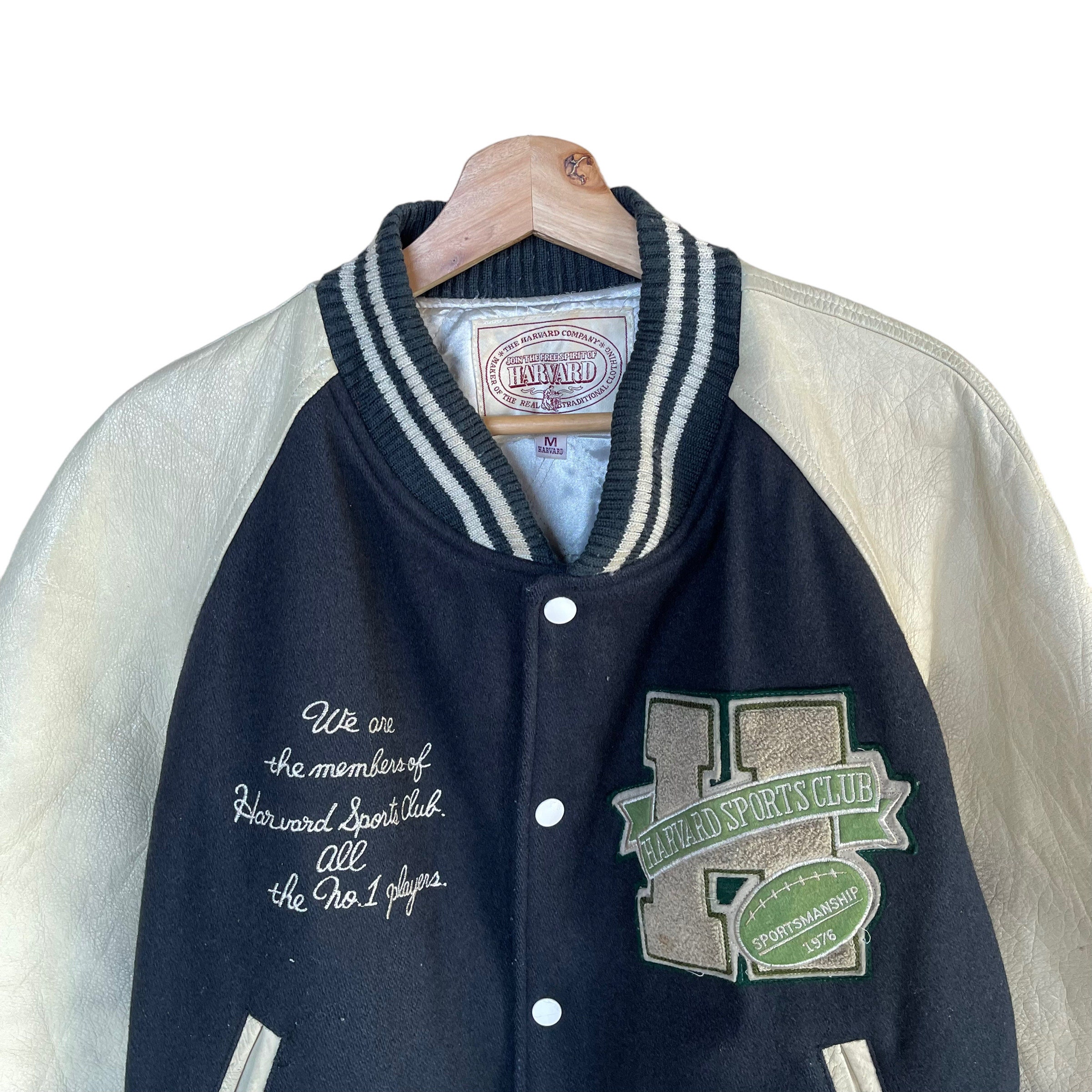Pick!! Vintage 90s Harvard Sports Club Wool Sleeve Leather Pick!! Vintage 90s Harvard Sports Club Wool Sleeve Leather