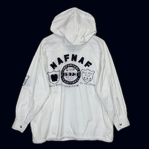 May include: White hooded jacket with black stitching and a Naf Naf logo on the back. The logo includes the text "Comfortable 1973 Natural Basic Traditional Collection" and "Naf Naf Club for everybody".