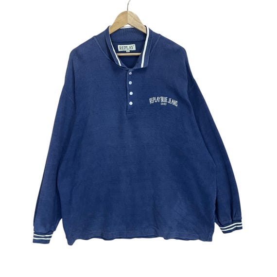 Vintage 90s Replay Blue Jeans Small Logo Half Button Sweatshirt Replay  Sweater Replay Small Logo Embroidered Half Button Sweatshirt Size XXL