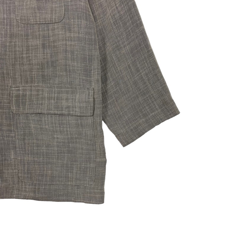 May include: A gray linen blazer with a textured weave. The blazer has a single button closure and two pockets.