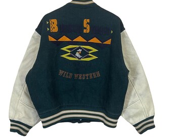 Chaqueta universitaria de lana con mangas estilo universitario de los 90 de Bourbon Street, estilo Big John Wild Western, con logo grande.