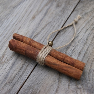 Rama de canela navideña con campana y cordel de arpillera - Adornos para árbol de Navidad - Decoración rústica y ecológica para el hogar - Adornos navideños naturales