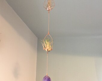 Twisted Copper & Agate Air Plant Hanger - Small Tillandsia Holder - Agate Slice Crystal - Rustic Plant Decor - Unique Valentines Day Gift