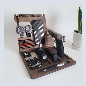 Personalized Firefighter Docking Station – Thin Red Line Phone Organizer Gift for Him – Fireman Retirement, Birthday or Graduation Gift