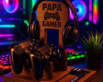 Anniversary Gift for Husband and Dad – Personalized Wooden Gamer Stand, Headphone & Controller Holder, Custom Tech Gift for Men