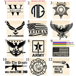 May include: Twelve different wooden stamp designs with black ink. The designs include a monogram, a sheriff's star, an eagle with a gun, an American flag, a military star, a fire department logo, and a gun with the text "Everything will be nice...!".