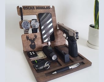 Christmas Gift Box for Him – Personalized Wooden Docking Station, Watch & Phone Stand, Valet Tray Organizer, Gift for Men or Dad
