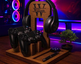 Christmas Gift for Husband – Personalized Wooden Gamer Stand, Headphone & Controller Holder, Romantic Tech Gift for Him