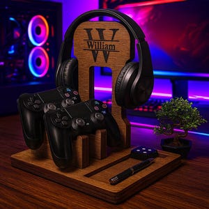 Support en bois personnalisé pour casque et manette - Organiseur de bureau pour gamer, cadeau pour homme, cadeau d'anniversaire de mari, cadeau de Noël pour petit ami papa