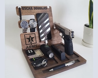 Personalized Wooden Docking Station for Men – Military Deployment Gift, Custom Desk Organizer for Dad, Husband, or Soldier