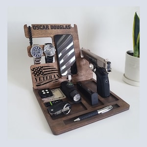 Christmas Gift for Veteran – Personalized Wooden Docking Station, Custom Valet Stand for Veteran Dad, Husband, or Vietnam Veteran