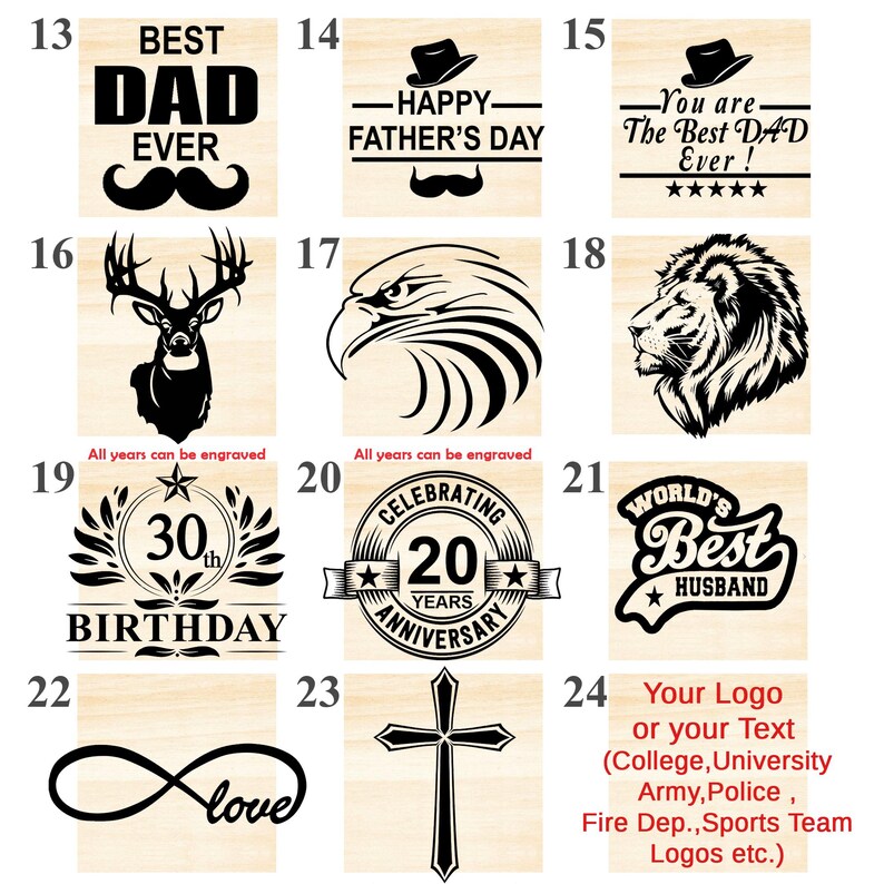 Op de afbeelding: Een verzameling houten platen met verschillende gegraveerde ontwerpen. Ontwerpen bevatten tekst als "Best Dad Ever", "Happy Father's Day" en "World's Best Husband". Andere ontwerpen tonen een adelaar, een leeuw, een hert, een kruis en een oneindigheidssymbool.