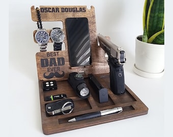 Christmas Gift for Dad – Personalized Wooden Docking Station, Nightstand Organizer for Husband or Boyfriend, Custom Tech Stand for Him