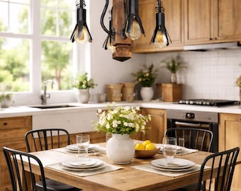 Rustic Wood and Wrought Iron Chandelier,Forged Pendant Light,Farmhouse Chandelier Lighting,Log Cabin Lighting