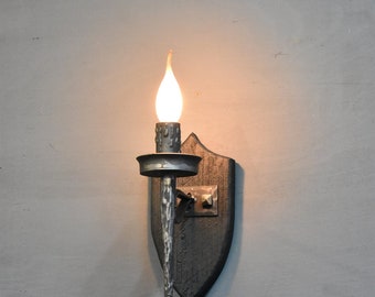 Medieval Wall Sconce,Gothic Wrought Iron Light,Gothic Wall Lamp,Forged Iron and Wood Wall Sconce