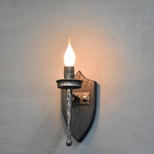 Medieval Wall Sconce,Gothic Wrought Iron Light,Gothic Wall Lamp,Forged Iron and Wood Wall Sconce